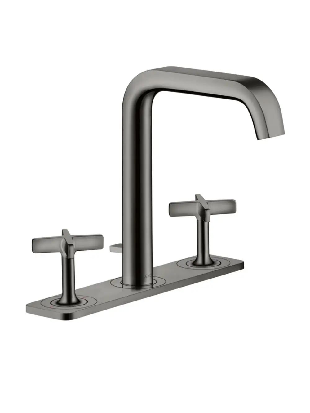 Waschtischarmatur von AXOR mit drei Löchern und zwei Griffen. Modernes Design in poliertem Schwarzchrom, geeignet für Montage auf einer Platte.